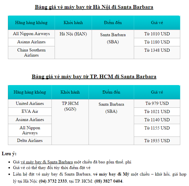 Giá vé máy bay đi Santa Barbara cập nhật mới nhất bởi Asianaairline.vn