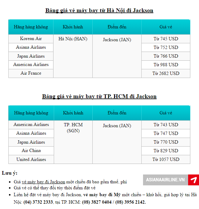 Giá vé máy bay đi Jackson cập nhật mới nhất bởi Asianaairline.vn